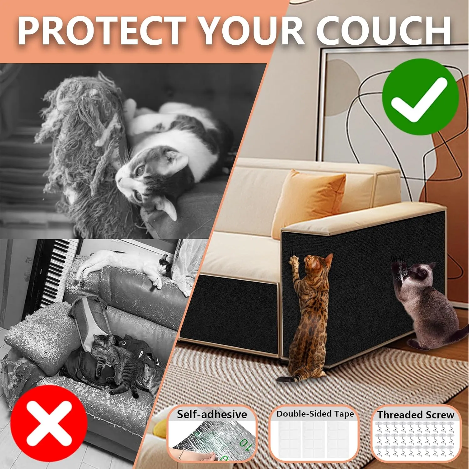 Cat Scratch Furniture Protector, 78.7"x15.8" Large Self-Adhesive Mat, Trimmable Scratch-Resistant Carpet for Sofa, Wall, Cat Tree & Door Protection, Durable Indoor Cat Scratcher Mat (Black)