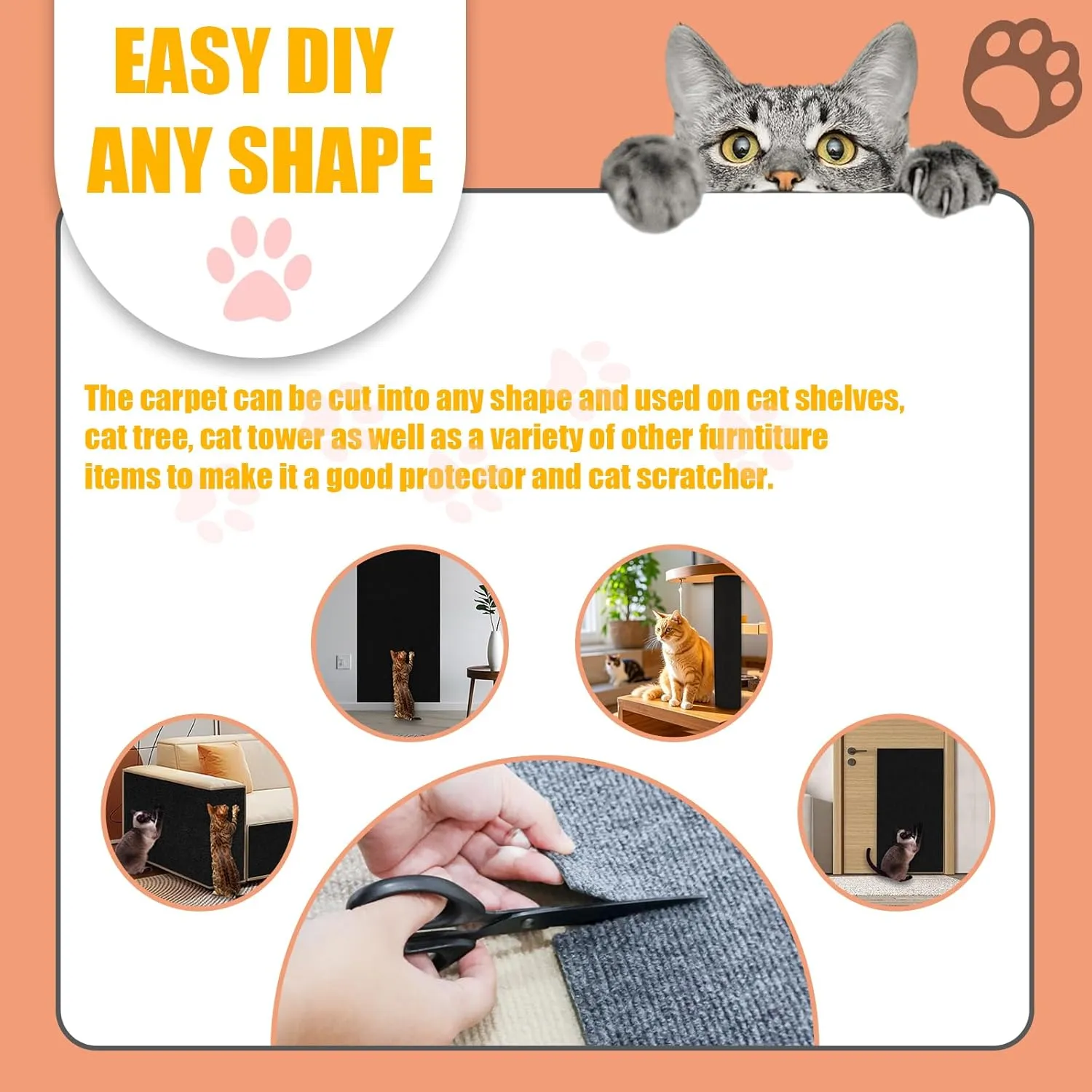 Cat Scratch Furniture Protector, 78.7"x15.8" Large Self-Adhesive Mat, Trimmable Scratch-Resistant Carpet for Sofa, Wall, Cat Tree & Door Protection, Durable Indoor Cat Scratcher Mat (Black)