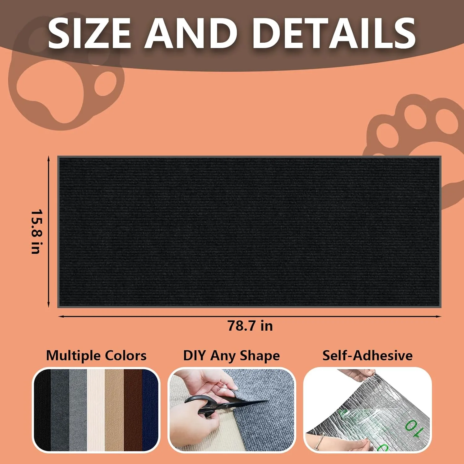 Cat Scratch Furniture Protector, 78.7"x15.8" Large Self-Adhesive Mat, Trimmable Scratch-Resistant Carpet for Sofa, Wall, Cat Tree & Door Protection, Durable Indoor Cat Scratcher Mat (Black)