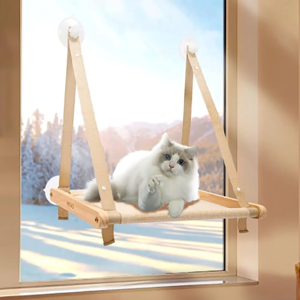 Cat Window Perch - Cat Hammock Bed for Cats Inside, Solid Wood Frame, Foldable, 4 Suction Cups, Soft Cushion Machine Washable, Load Weight Up to 40lbs