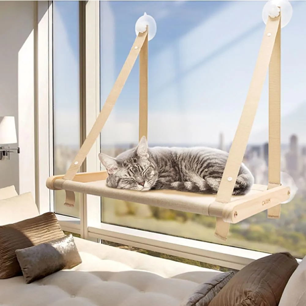 Cat Window Perch - Cat Hammock Bed for Cats Inside, Solid Wood Frame, Foldable, 4 Suction Cups, Soft Cushion Machine Washable, Load Weight Up to 40lbs