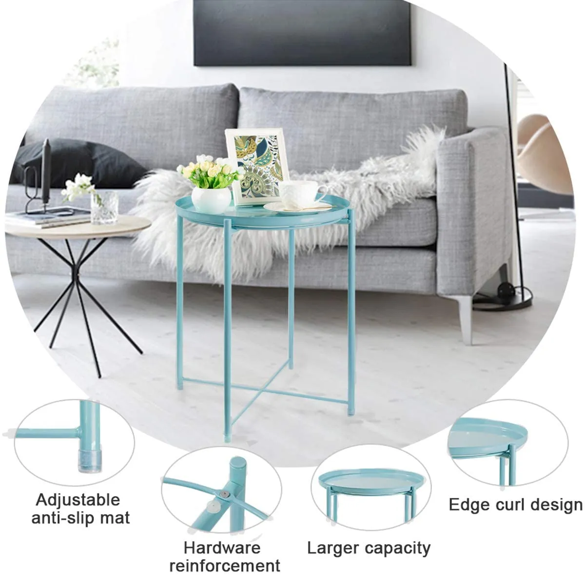 CERBIOR Tray End Table, Round Metal Tray Table Side Sofa Table Anti-Rust and Waterproof Outdoor & Indoor Snack Table Accent Coffee Table Blue