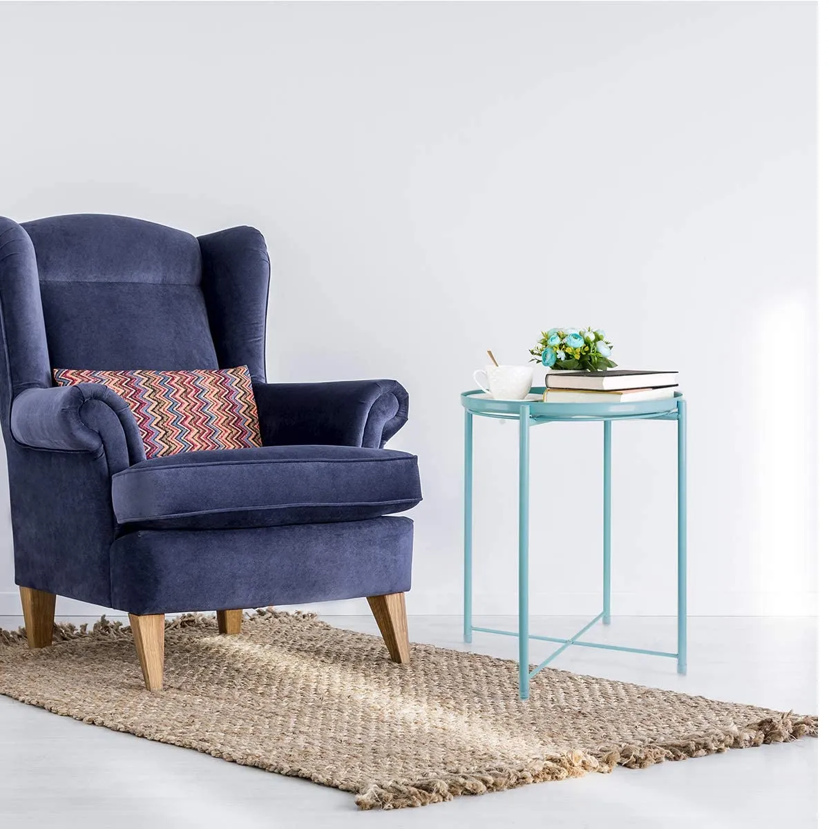 CERBIOR Tray End Table, Round Metal Tray Table Side Sofa Table Anti-Rust and Waterproof Outdoor & Indoor Snack Table Accent Coffee Table Blue