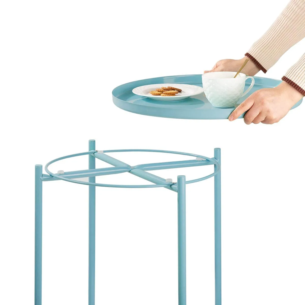 CERBIOR Tray End Table, Round Metal Tray Table Side Sofa Table Anti-Rust and Waterproof Outdoor & Indoor Snack Table Accent Coffee Table Blue
