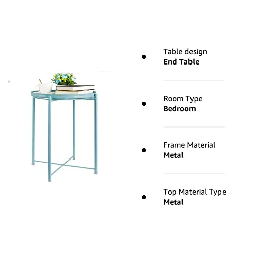 CERBIOR Tray End Table, Round Metal Tray Table Side Sofa Table Anti-Rust and Waterproof Outdoor & Indoor Snack Table Accent Coffee Table Blue