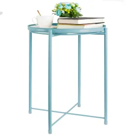 CERBIOR Tray End Table, Round Metal Tray Table Side Sofa Table Anti-Rust and Waterproof Outdoor & Indoor Snack Table Accent Coffee Table Blue