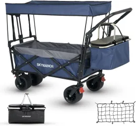 Collapsible Wagon with Removable Canopy, 3-in-1 Heavy Duty Garden Cart with Big All-Terrain Wheels, Brakes, Adjustable Push Pull Handle, Cooler Bag, 300LBS Wagon Cart for Camping (Blue)