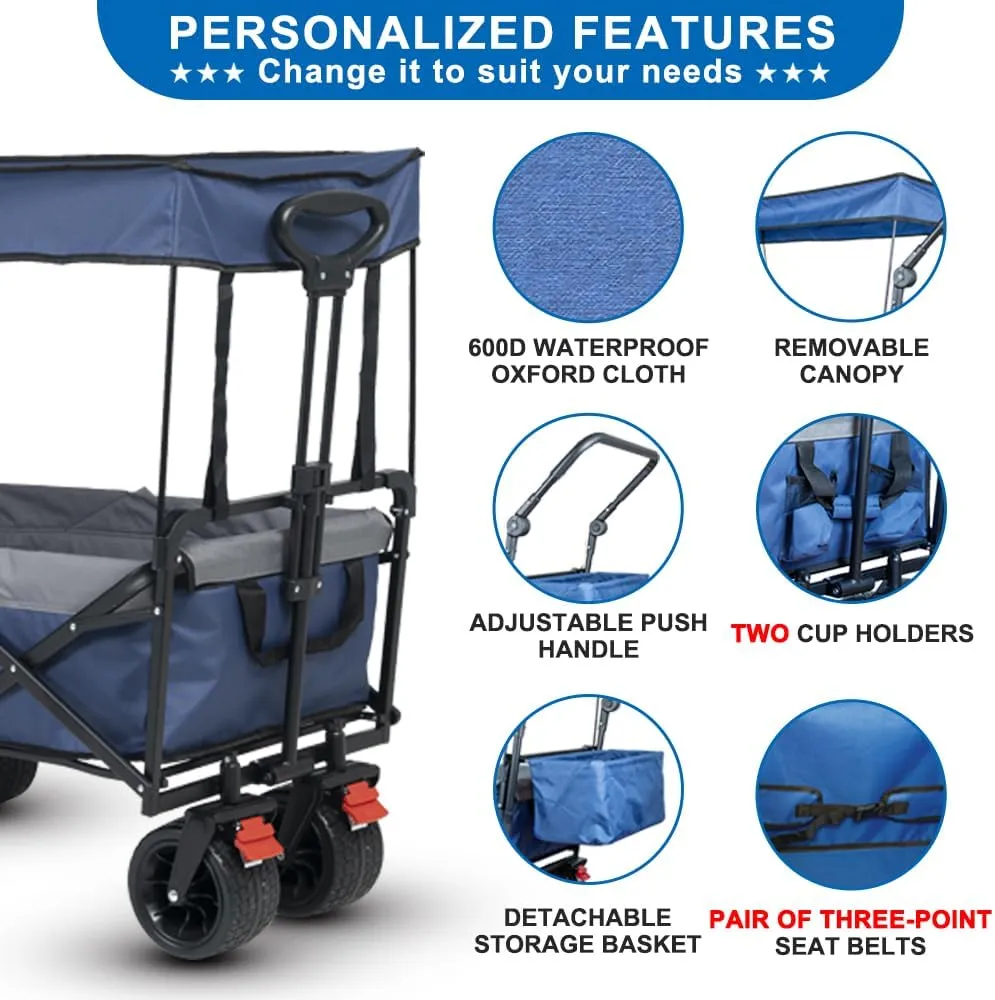 Collapsible Wagon with Removable Canopy, 3-in-1 Heavy Duty Garden Cart with Big All-Terrain Wheels, Brakes, Adjustable Push Pull Handle, Cooler Bag, 300LBS Wagon Cart for Camping (Blue)