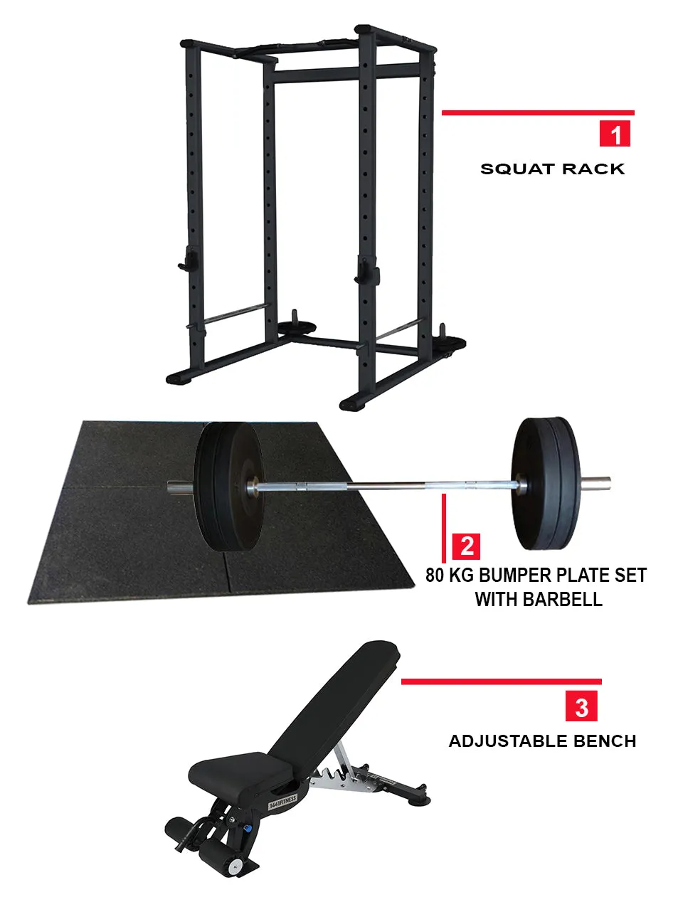 Combo Deal | 1441 Fitness Squat Rack Power Cage FF48B   80kg Apus Bumper Plate Set   Adjustable Bench A8007   Gym Flooring