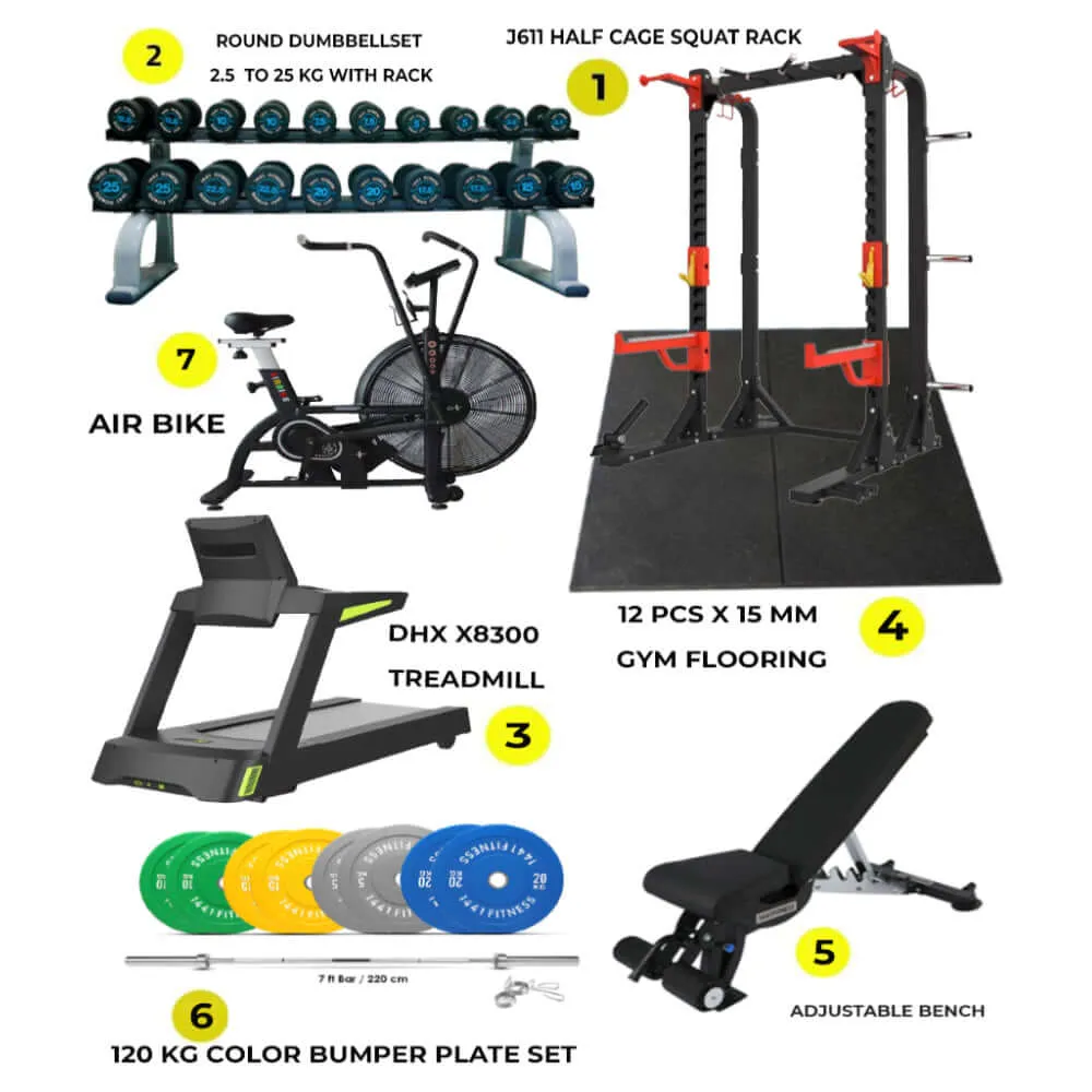 Combo Offer | Half Cage Squat Rack J611 with DHZ X8300 Treadmill   Air Bike   Round Dumbbell Set 2.5 Kg to 25 KG with 2 Tier Rack   120kg Color Bumper Plate Set with Adjustable Bench A8007    12 PC Gym Tile 15 MM