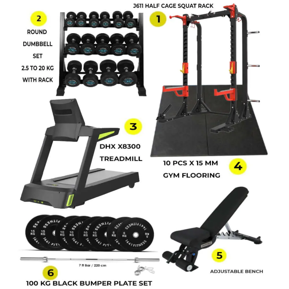 Combo Offer | Half Cage Squat Rack J611 with DHZ X8300 Treadmill   Round Dumbbell Set 2.5 Kg to 20 KG with 3 Tier Rack   100kg Black Bumper Plate Set with Adjustable Bench A8007    10 PC Gym Tile 15 MM