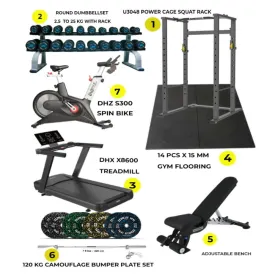 Combo Offer | Power Cage Squat Rack U3048 with DHZ X8600 Treadmill   DHZ S300 Spin Bike   Round Dumbbell Set 2.5 Kg to 25 KG with 2 Tier Rack   120kg Camouflage Bumper Plate Set with Adjustable Bench A8007    14 PC Gym Tile 15 MM