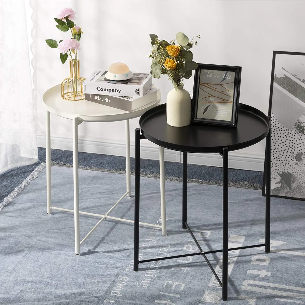 danpinera White End Table, Outdoor White Side Table for Small Spaces Accent Patio Side Table Round Metal Coffee Table Waterproof Removable Tray Table Living Room Bedroom Balcony Office Milky White