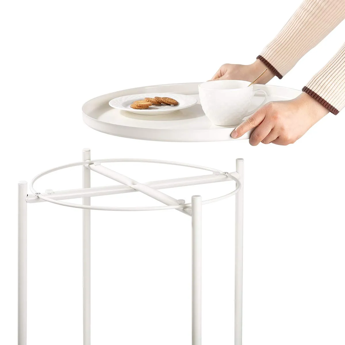 danpinera White End Table, Outdoor White Side Table for Small Spaces Accent Patio Side Table Round Metal Coffee Table Waterproof Removable Tray Table Living Room Bedroom Balcony Office Milky White
