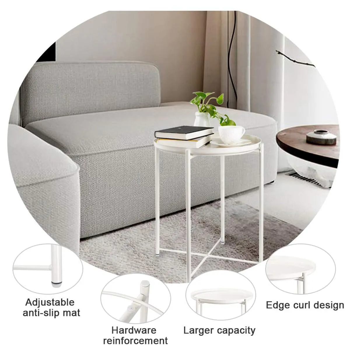 danpinera White End Table, Outdoor White Side Table for Small Spaces Accent Patio Side Table Round Metal Coffee Table Waterproof Removable Tray Table Living Room Bedroom Balcony Office Milky White