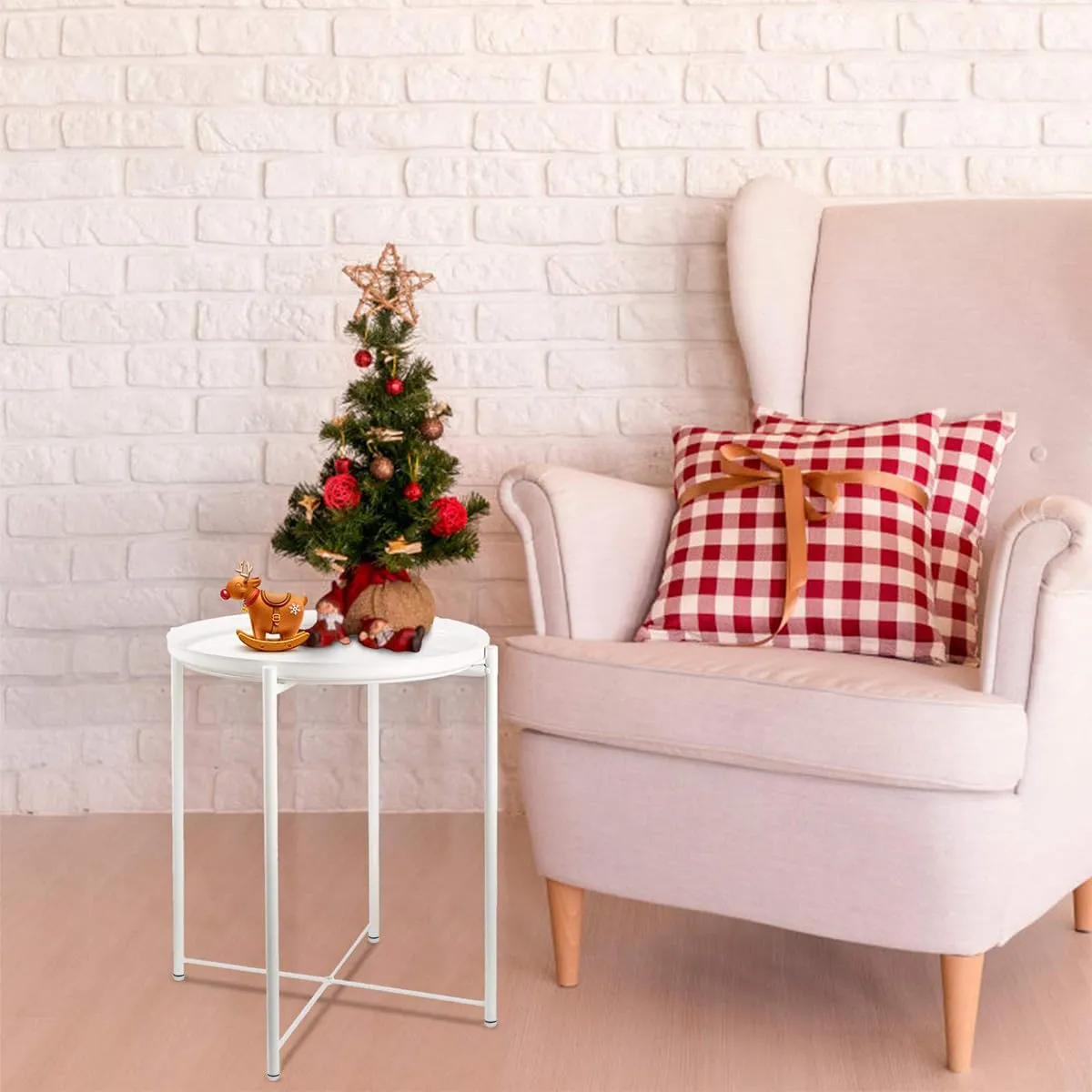 danpinera White End Table, Outdoor White Side Table for Small Spaces Accent Patio Side Table Round Metal Coffee Table Waterproof Removable Tray Table Living Room Bedroom Balcony Office Milky White