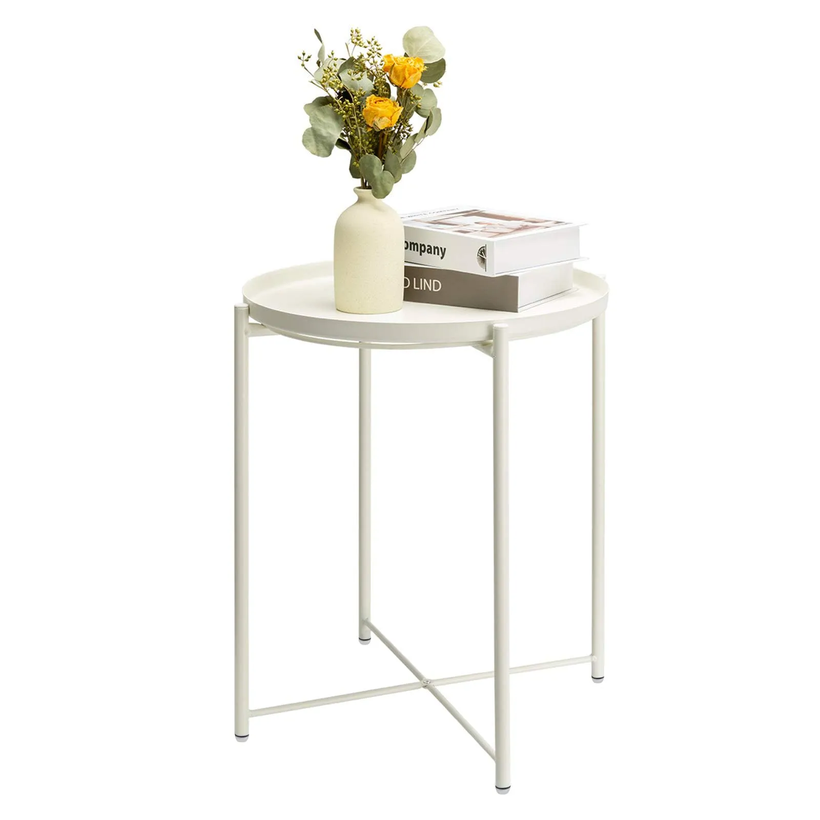 danpinera White End Table, Outdoor White Side Table for Small Spaces Accent Patio Side Table Round Metal Coffee Table Waterproof Removable Tray Table Living Room Bedroom Balcony Office Milky White