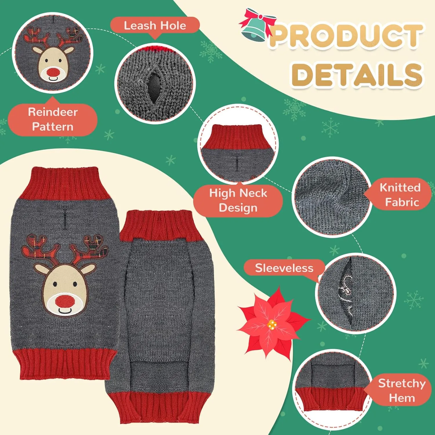 Dog Christmas Sweater Cute Grey Reindeer Xmas Dog Cat Outfit New Year Holiday Costumes Puppy Cat Sweater with Leash Hole for Small Medium Large Dogs Girl Boy Turtleneck Winter Warm Pet Clothes