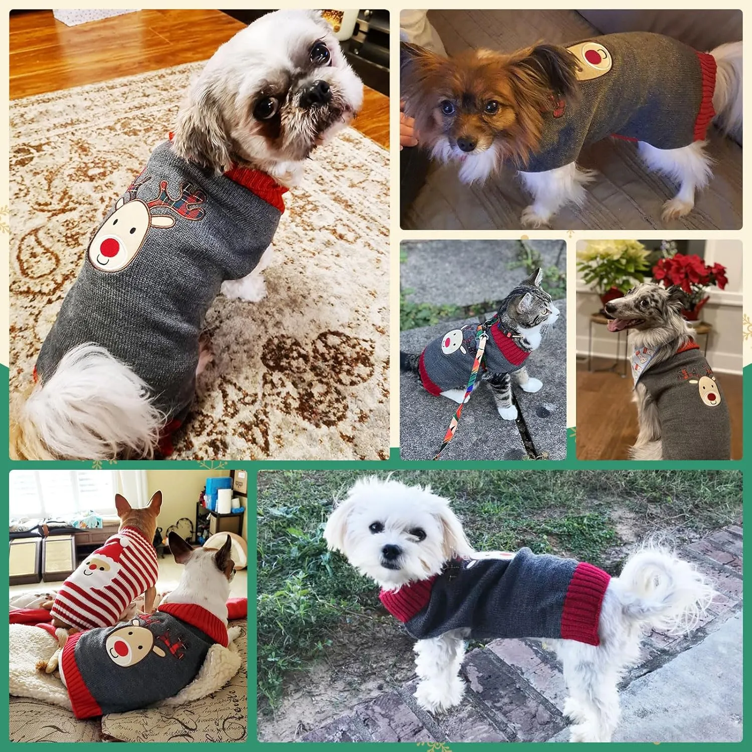 Dog Christmas Sweater Cute Grey Reindeer Xmas Dog Cat Outfit New Year Holiday Costumes Puppy Cat Sweater with Leash Hole for Small Medium Large Dogs Girl Boy Turtleneck Winter Warm Pet Clothes