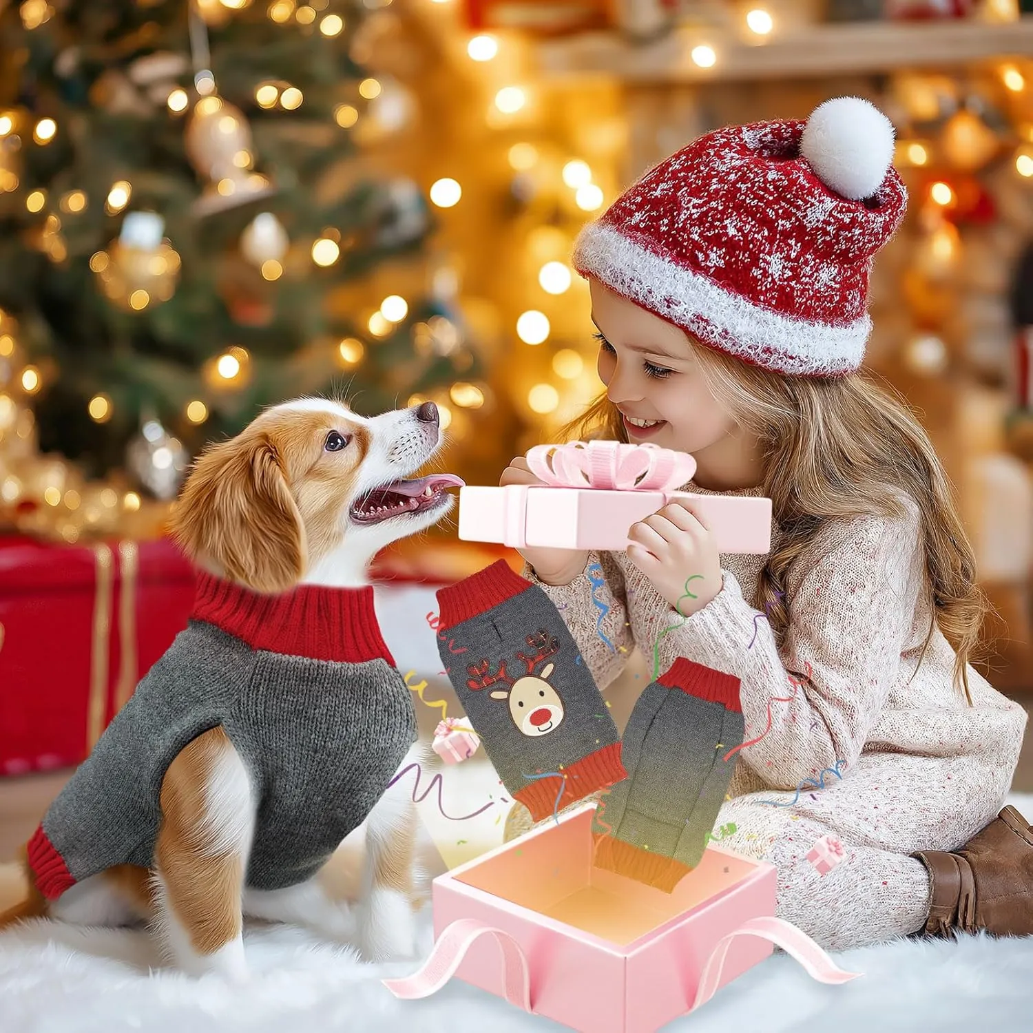 Dog Christmas Sweater Cute Grey Reindeer Xmas Dog Cat Outfit New Year Holiday Costumes Puppy Cat Sweater with Leash Hole for Small Medium Large Dogs Girl Boy Turtleneck Winter Warm Pet Clothes