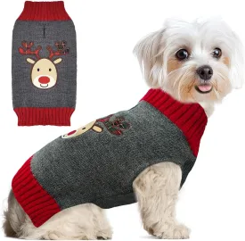 Dog Christmas Sweater Cute Grey Reindeer Xmas Dog Cat Outfit New Year Holiday Costumes Puppy Cat Sweater with Leash Hole for Small Medium Large Dogs Girl Boy Turtleneck Winter Warm Pet Clothes