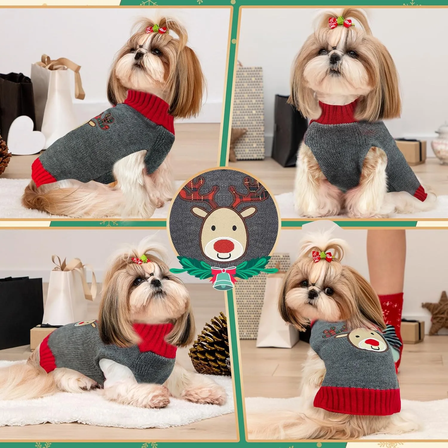 Dog Christmas Sweater Cute Grey Reindeer Xmas Dog Cat Outfit New Year Holiday Costumes Puppy Cat Sweater with Leash Hole for Small Medium Large Dogs Girl Boy Turtleneck Winter Warm Pet Clothes