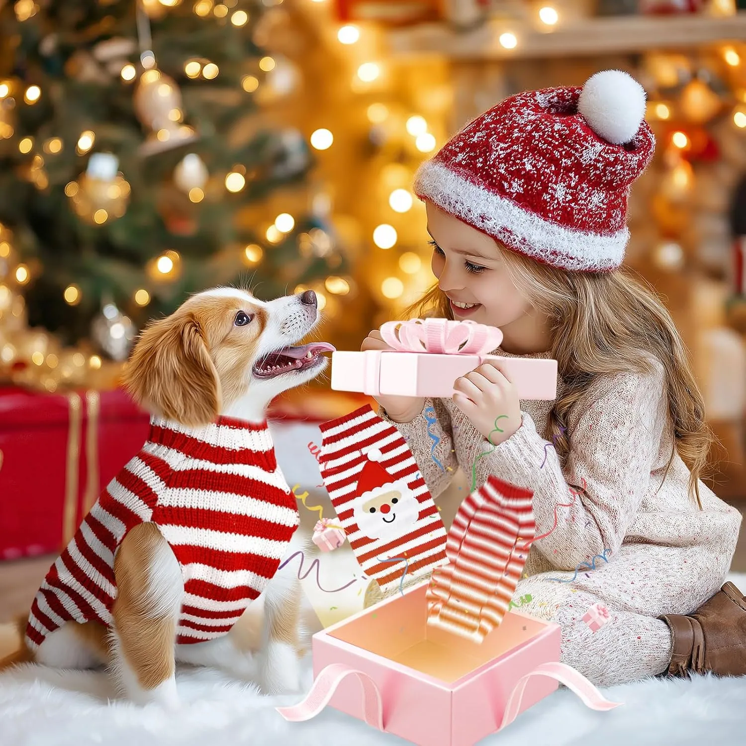 Dog Christmas Sweater Cute Striped Santa Xmas Dog Cat Outfit New Year Holiday Costumes Puppy Cat Sweater with Leash Hole for Small Medium Large Dogs Girl Boy Turtleneck Winter Warm Pet Clothes
