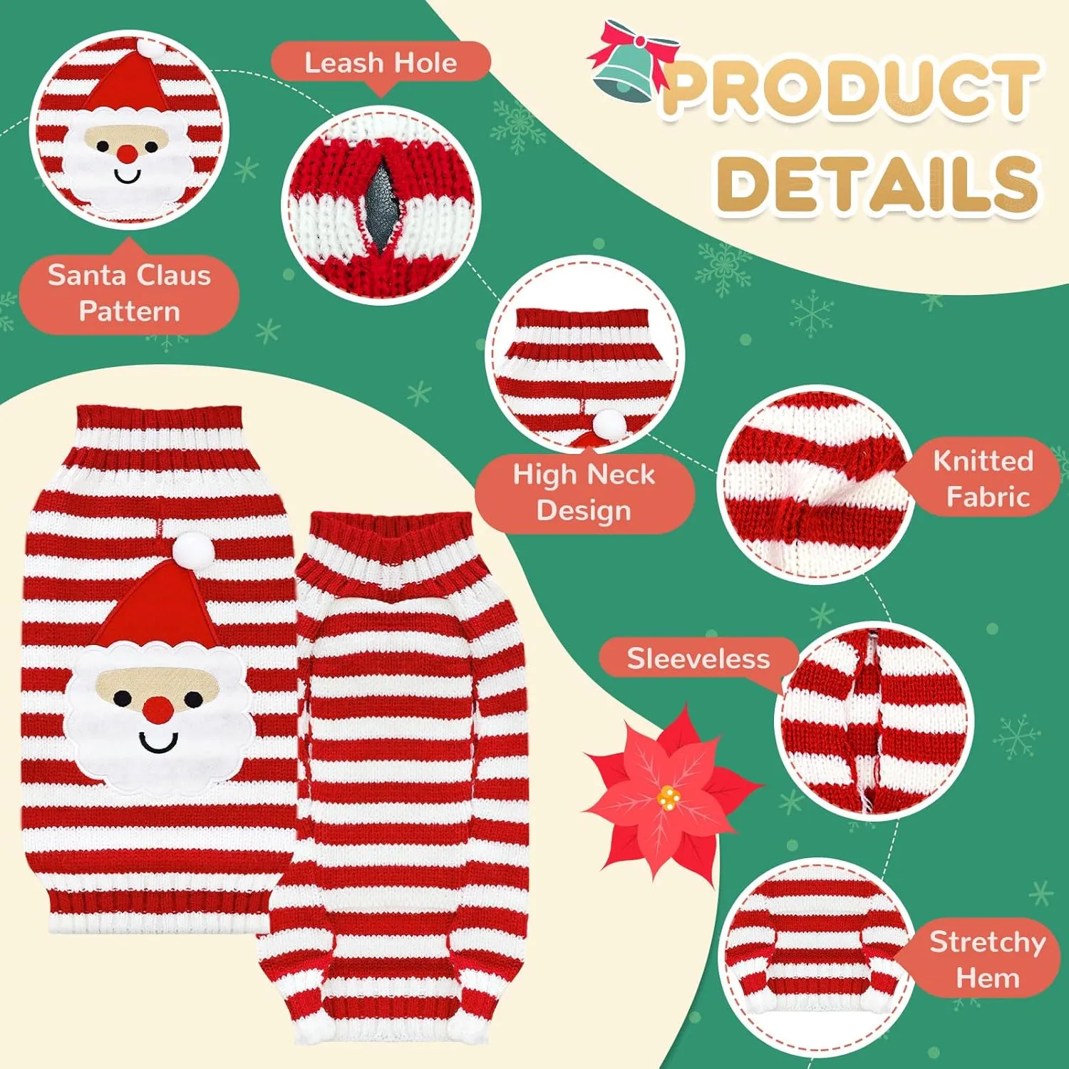 Dog Christmas Sweater Cute Striped Santa Xmas Dog Cat Outfit New Year Holiday Costumes Puppy Cat Sweater with Leash Hole for Small Medium Large Dogs Girl Boy Turtleneck Winter Warm Pet Clothes