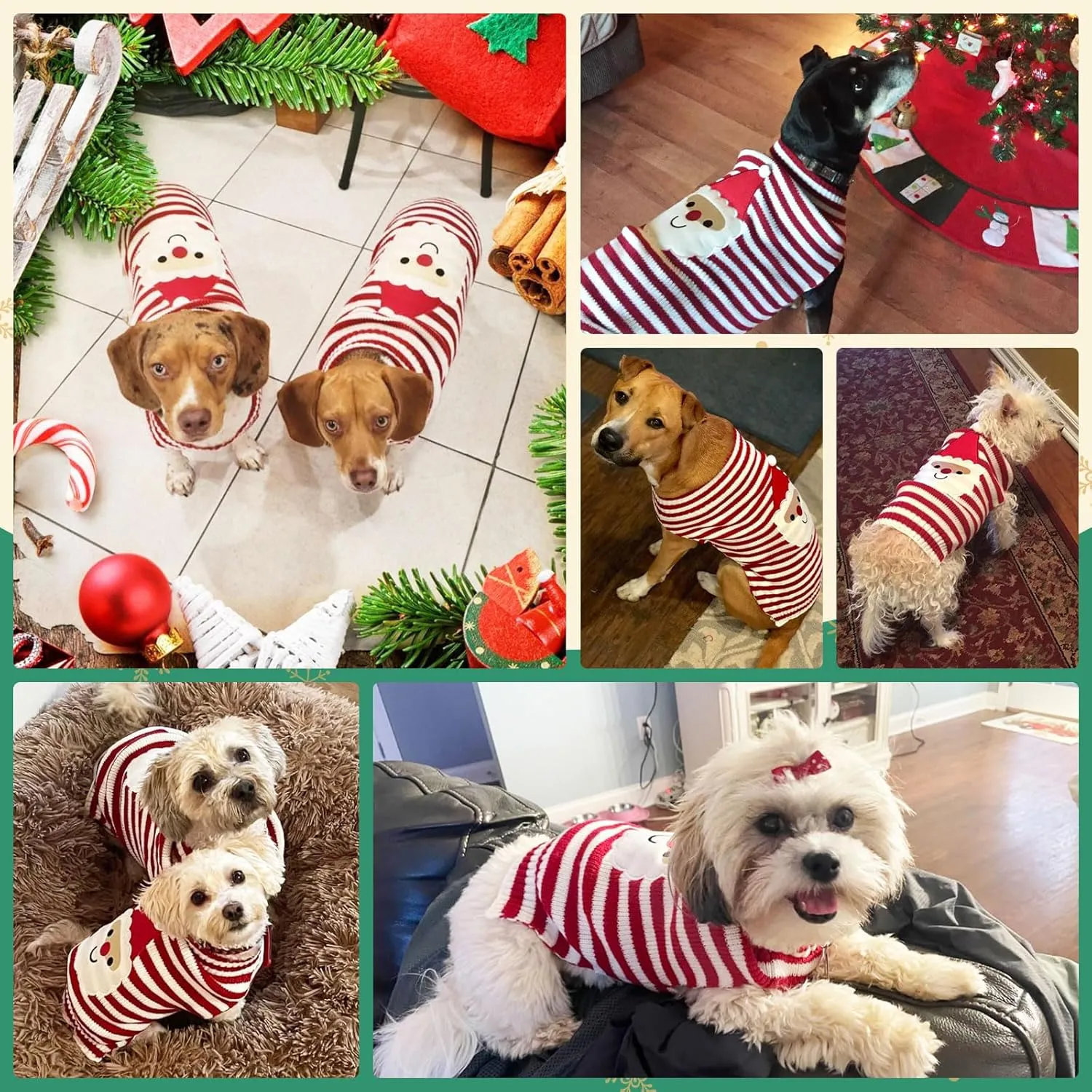 Dog Christmas Sweater Cute Striped Santa Xmas Dog Cat Outfit New Year Holiday Costumes Puppy Cat Sweater with Leash Hole for Small Medium Large Dogs Girl Boy Turtleneck Winter Warm Pet Clothes