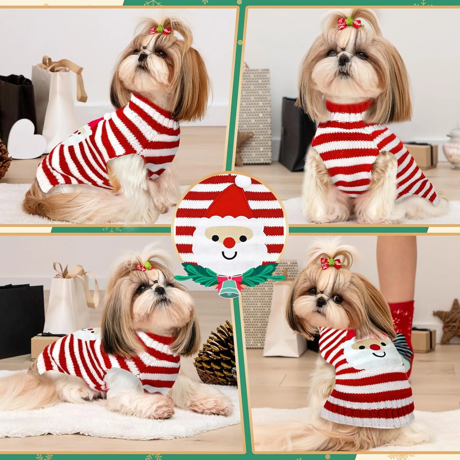 Dog Christmas Sweater Cute Striped Santa Xmas Dog Cat Outfit New Year Holiday Costumes Puppy Cat Sweater with Leash Hole for Small Medium Large Dogs Girl Boy Turtleneck Winter Warm Pet Clothes