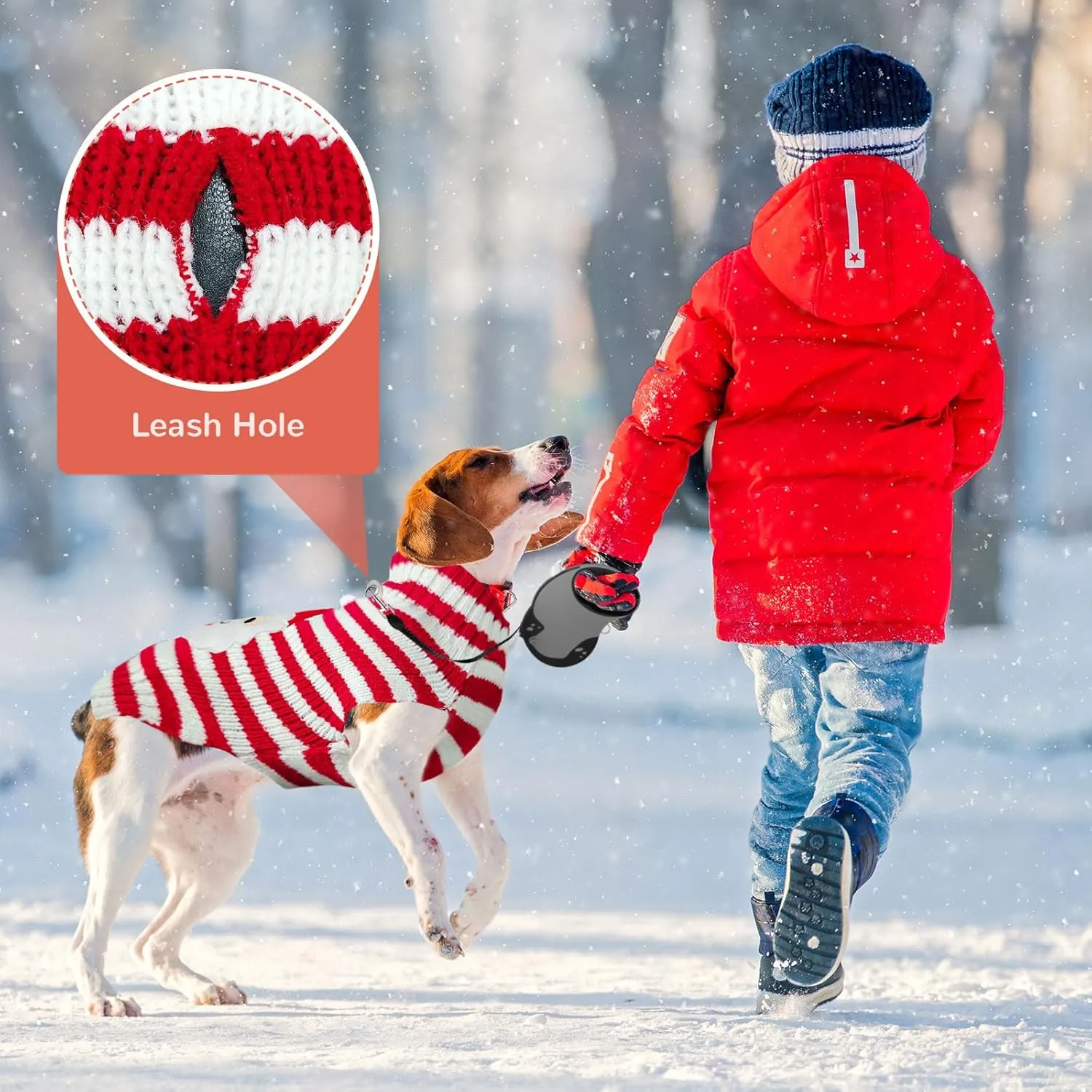 Dog Christmas Sweater Cute Striped Santa Xmas Dog Cat Outfit New Year Holiday Costumes Puppy Cat Sweater with Leash Hole for Small Medium Large Dogs Girl Boy Turtleneck Winter Warm Pet Clothes