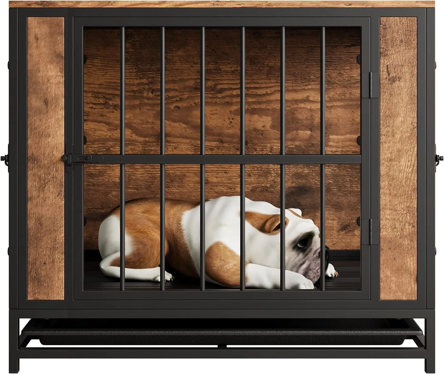 Dog Crate Furniture, Metal and Wooden Dog Crate, Dog Kennels with 3 Doors Indoor, Pet Puppy Crate End Table for Small Dog, Heavy Duty Dog House, Rustic Black and Brown