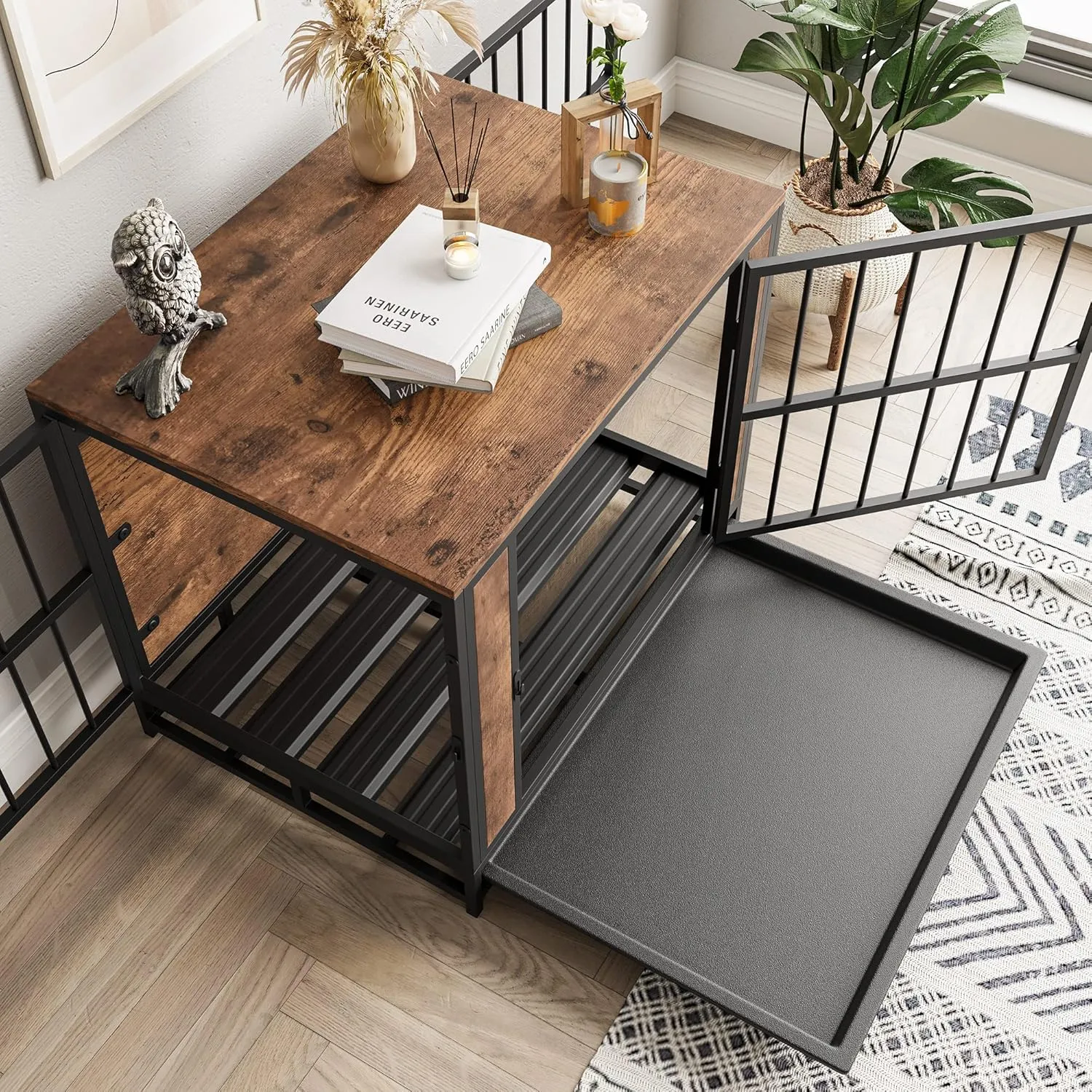 Dog Crate Furniture, Metal and Wooden Dog Crate, Dog Kennels with 3 Doors Indoor, Pet Puppy Crate End Table for Small Dog, Heavy Duty Dog House, Rustic Black and Brown