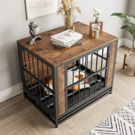 Dog Crate Furniture, Metal and Wooden Dog Crate, Dog Kennels with 3 Doors Indoor, Pet Puppy Crate End Table for Small Dog, Heavy Duty Dog House, Rustic Black and Brown