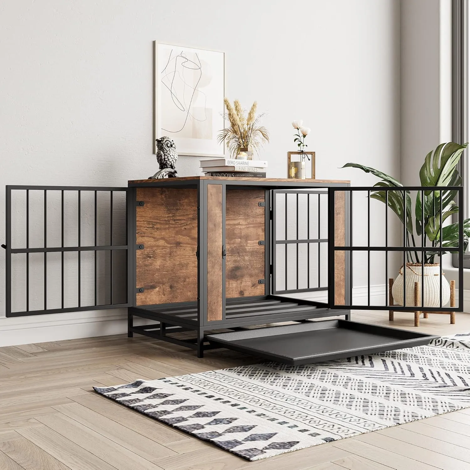 Dog Crate Furniture, Metal and Wooden Dog Crate, Dog Kennels with 3 Doors Indoor, Pet Puppy Crate End Table for Small Dog, Heavy Duty Dog House, Rustic Black and Brown