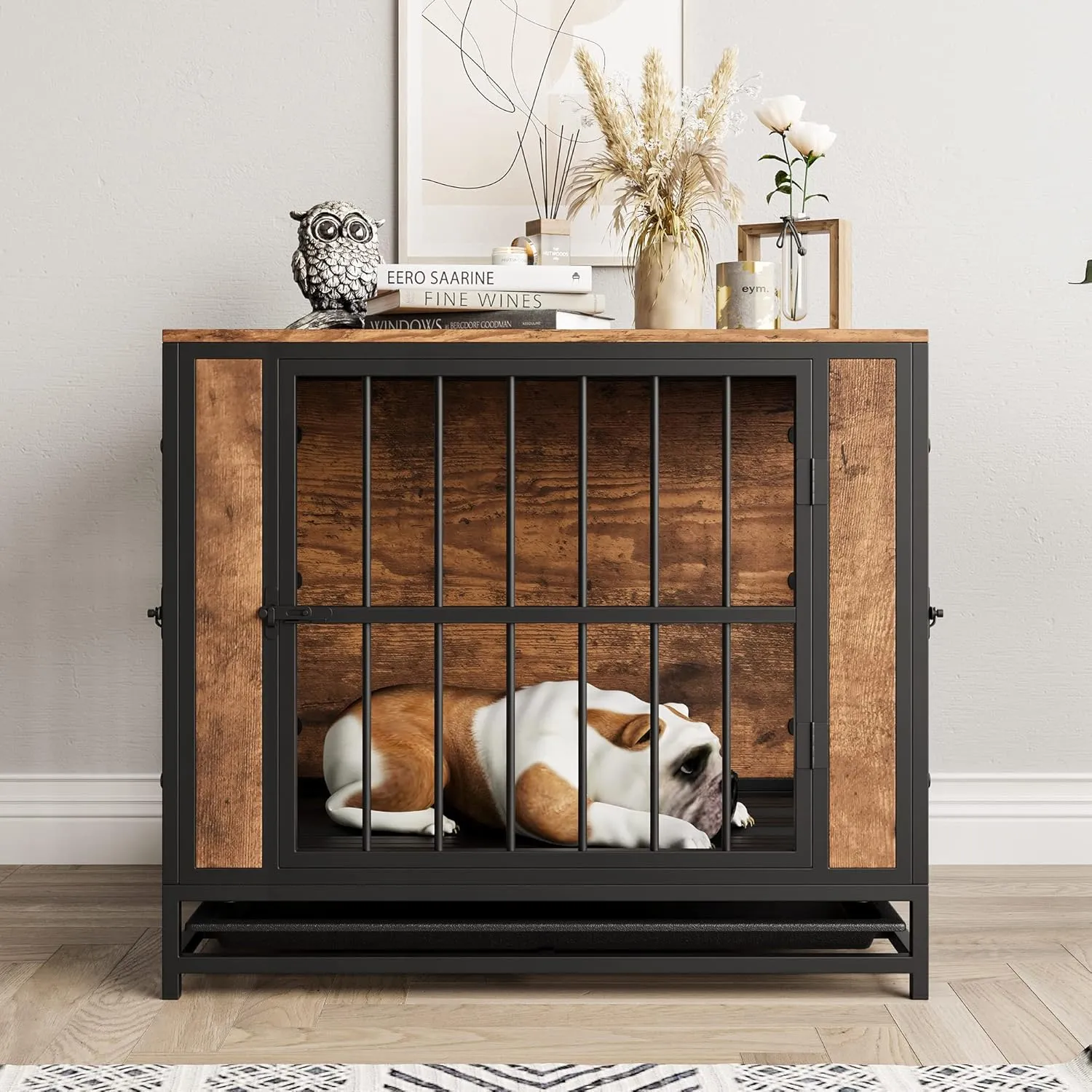 Dog Crate Furniture, Metal and Wooden Dog Crate, Dog Kennels with 3 Doors Indoor, Pet Puppy Crate End Table for Small Dog, Heavy Duty Dog House, Rustic Black and Brown