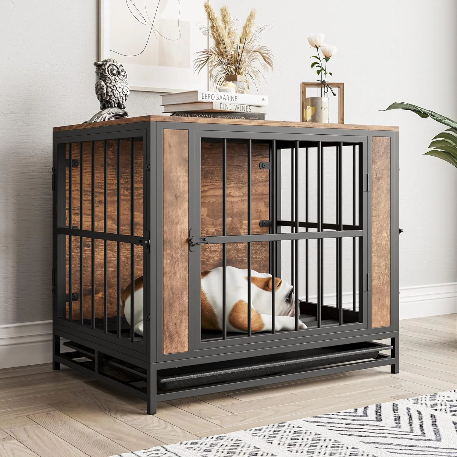Dog Crate Furniture, Metal and Wooden Dog Crate, Dog Kennels with 3 Doors Indoor, Pet Puppy Crate End Table for Small Dog, Heavy Duty Dog House, Rustic Black and Brown