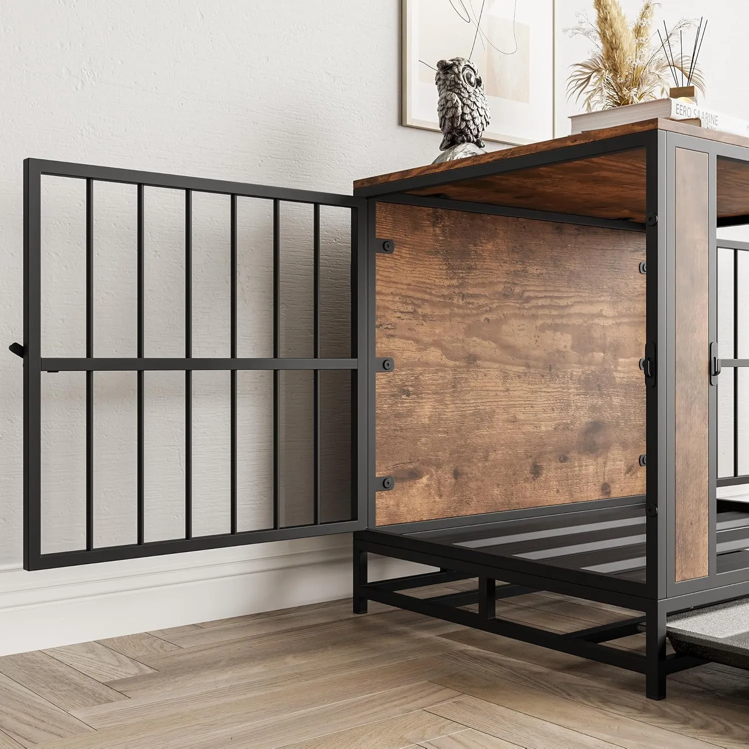 Dog Crate Furniture, Metal and Wooden Dog Crate, Dog Kennels with 3 Doors Indoor, Pet Puppy Crate End Table for Small Dog, Heavy Duty Dog House, Rustic Black and Brown