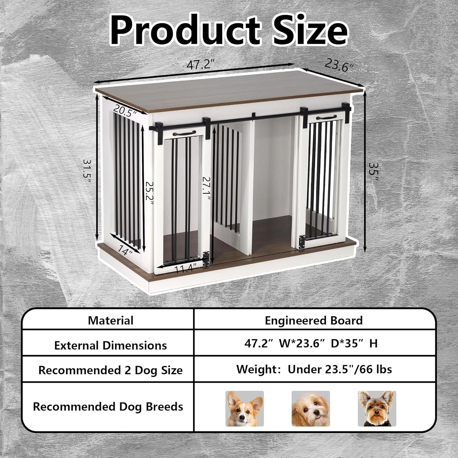 Dog Crate Furniture with Divider, Dog Crate for Small to Large Dogs, Dog Kennel Furniture with Double Doors, 47.2" W x 23.6" D x 35" H, White