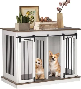 Dog Crate Furniture with Divider, Dog Crate for Small to Large Dogs, Dog Kennel Furniture with Double Doors, 47.2" W x 23.6" D x 35" H, White