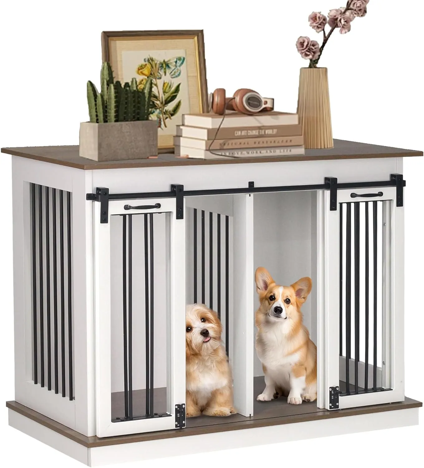 Dog Crate Furniture with Divider, Dog Crate for Small to Large Dogs, Dog Kennel Furniture with Double Doors, 47.2" W x 23.6" D x 35" H, White