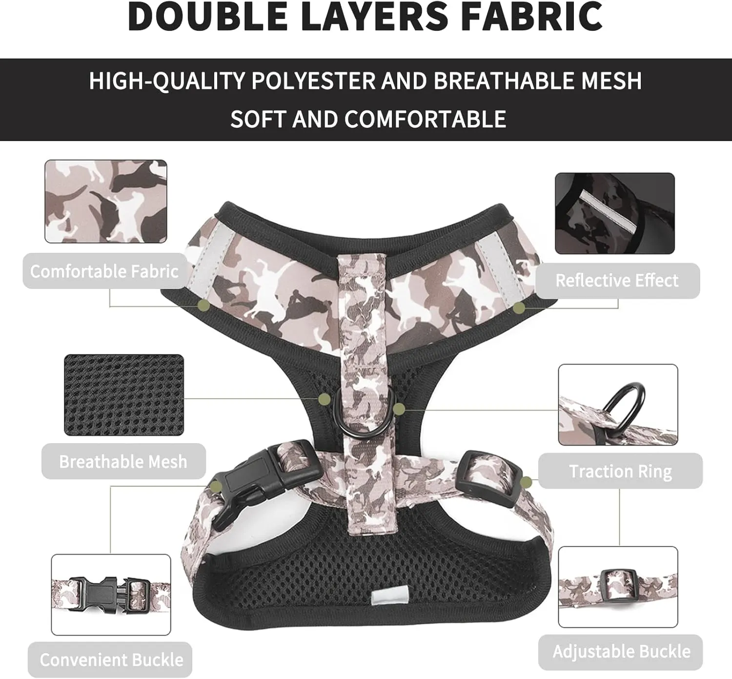 Dog Harness and Leash Set for Small Dogs, Adjustable Reflective No Pull Dog Vest Harness for Puppy with Bow-tie Collar, Leash and Poop Bag (M, Grey Camouflage)