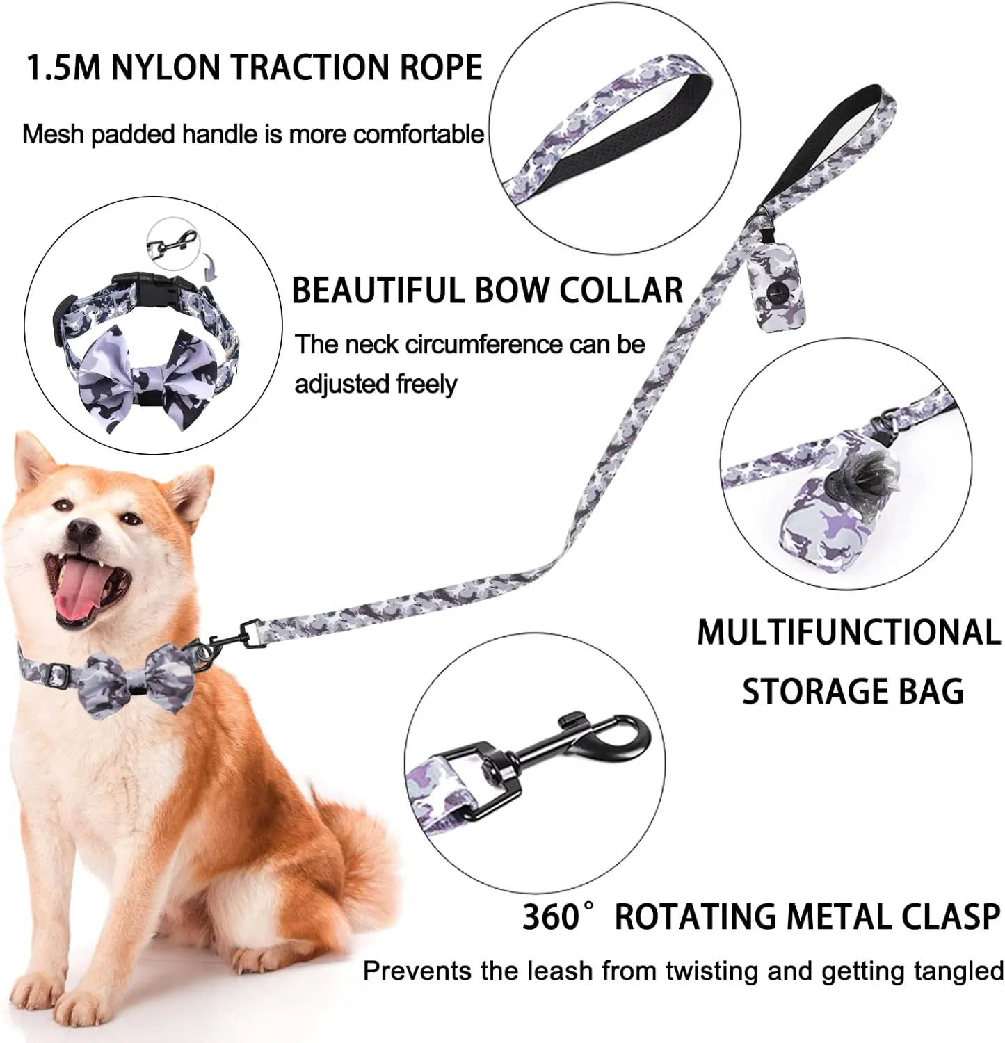Dog Harness and Leash Set for Small Dogs, Adjustable Reflective No Pull Dog Vest Harness for Puppy with Bow-tie Collar, Leash and Poop Bag (M, Grey Camouflage)