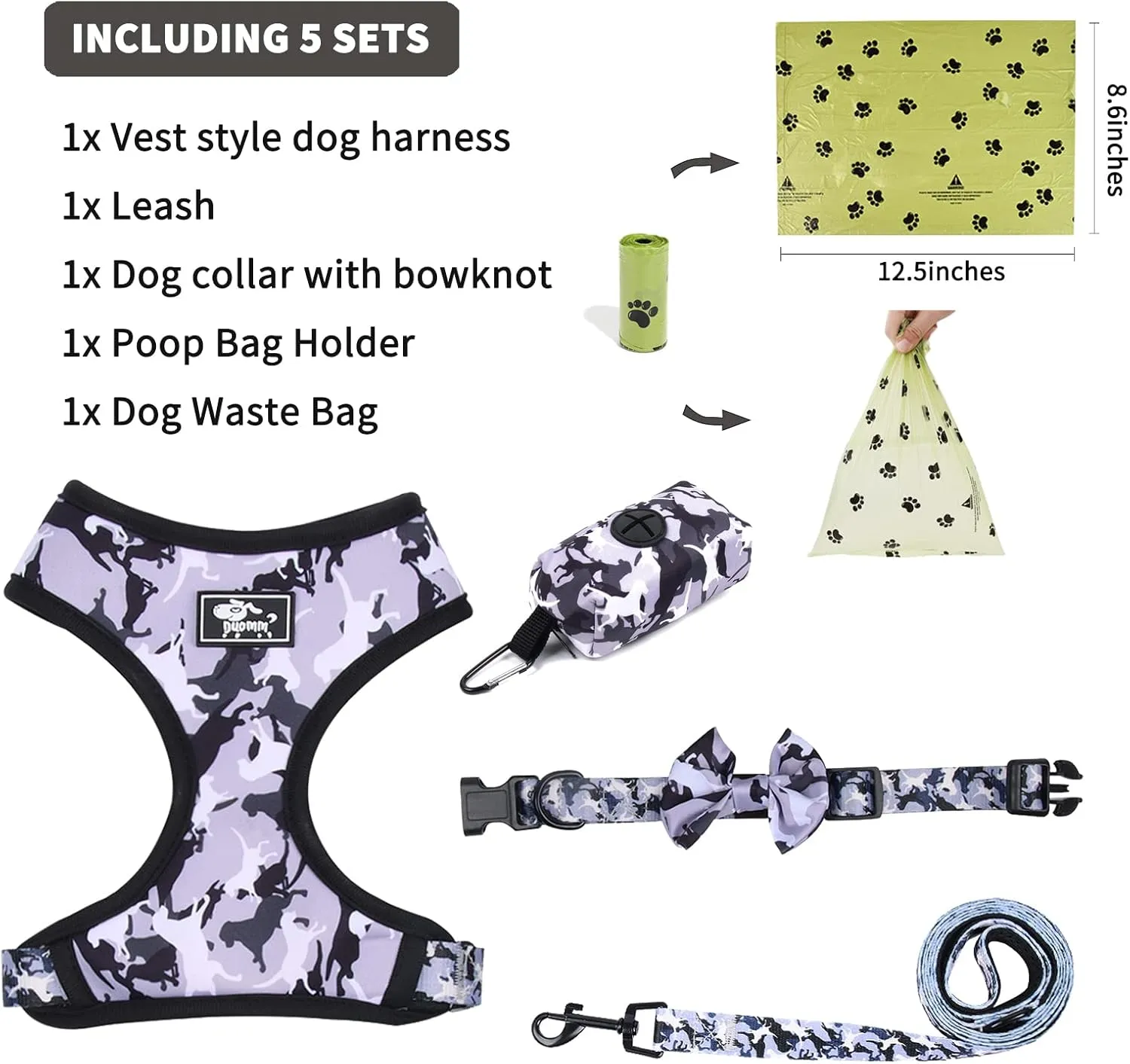 Dog Harness and Leash Set for Small Dogs, Adjustable Reflective No Pull Dog Vest Harness for Puppy with Bow-tie Collar, Leash and Poop Bag (M, Grey Camouflage)