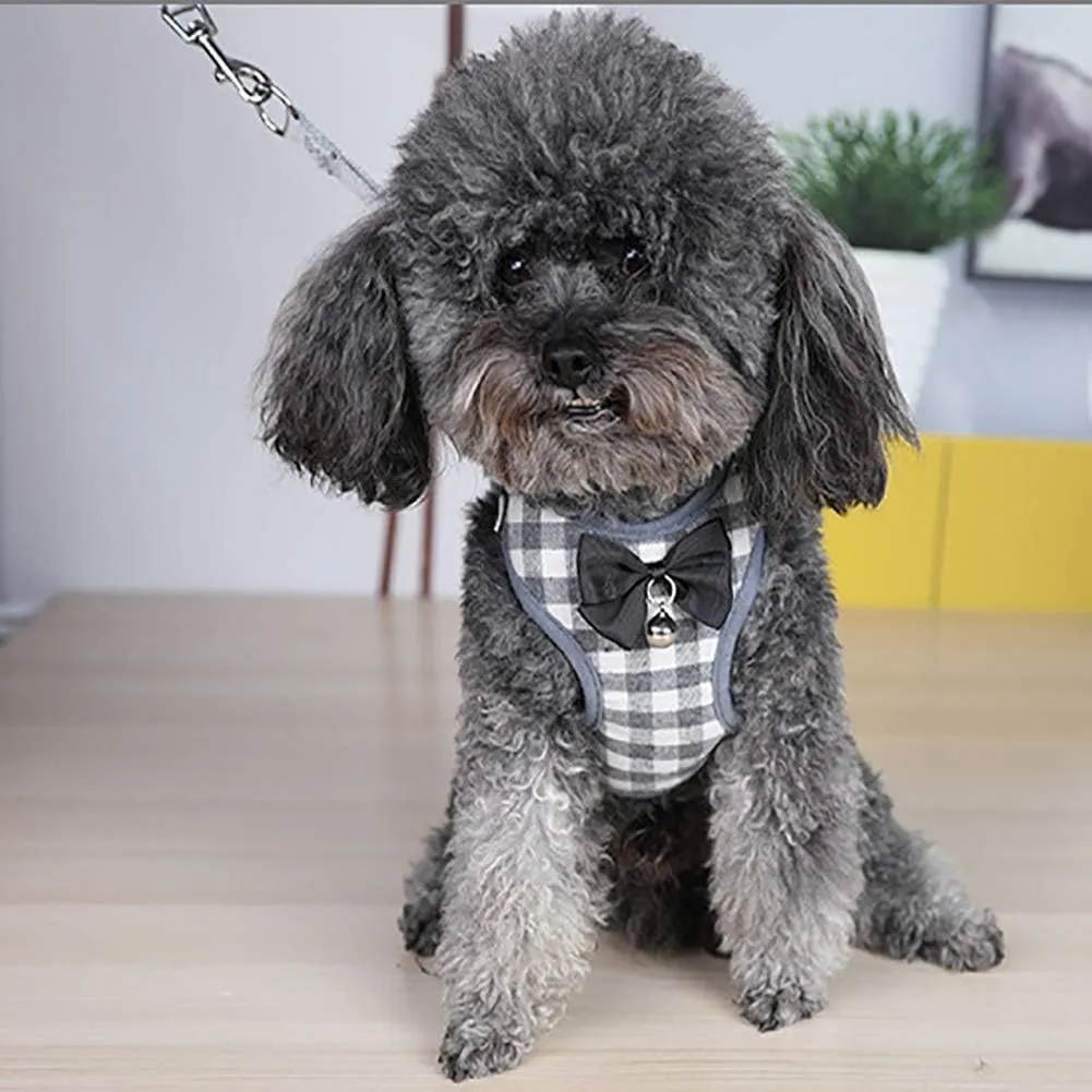Dog Harness and Leash Set, Soft Mesh No Pull Dog Cat Harness Vest with Bowtie Bell for Small Dogs Puppy and Cats Outdoor Training and Running Classic Plaid Pattern (Small(9.0"-16.5"), Grey Plaid)
