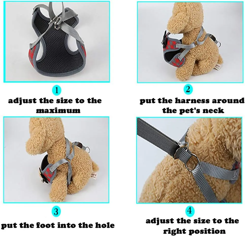 Dog Harness and Leash Set, Soft Mesh No Pull Dog Cat Harness Vest with Bowtie Bell for Small Dogs Puppy and Cats Outdoor Training and Running Classic Plaid Pattern (Small(9.0"-16.5"), Grey Plaid)