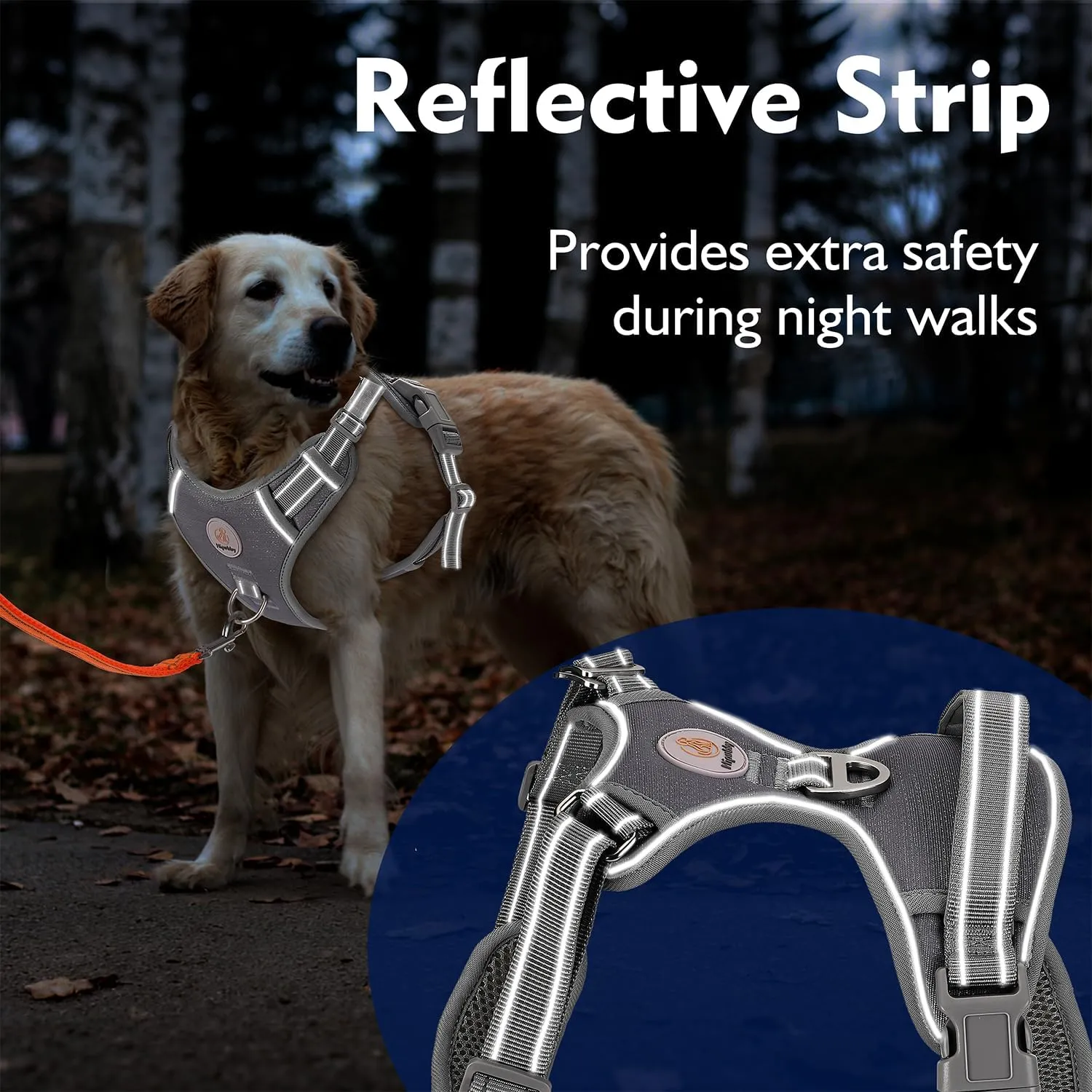 Dog Harness for Large Dogs, No Pull Pet Harness with 2 Metal Rings and Control Handle, Adjustable Soft Dog Vest with Reflective Strips, Easy Walking and Training for Large Dogs, Grey, L