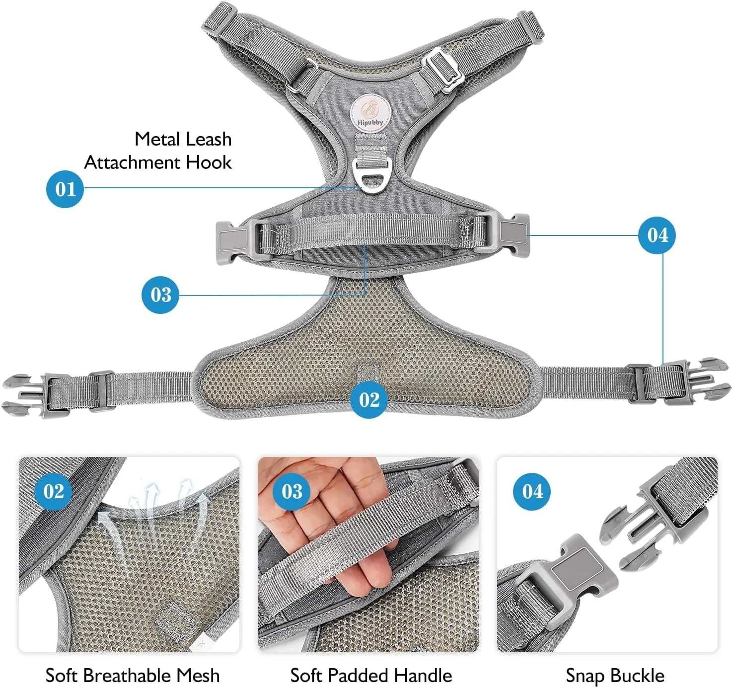 Dog Harness for Large Dogs, No Pull Pet Harness with 2 Metal Rings and Control Handle, Adjustable Soft Dog Vest with Reflective Strips, Easy Walking and Training for Large Dogs, Grey, L