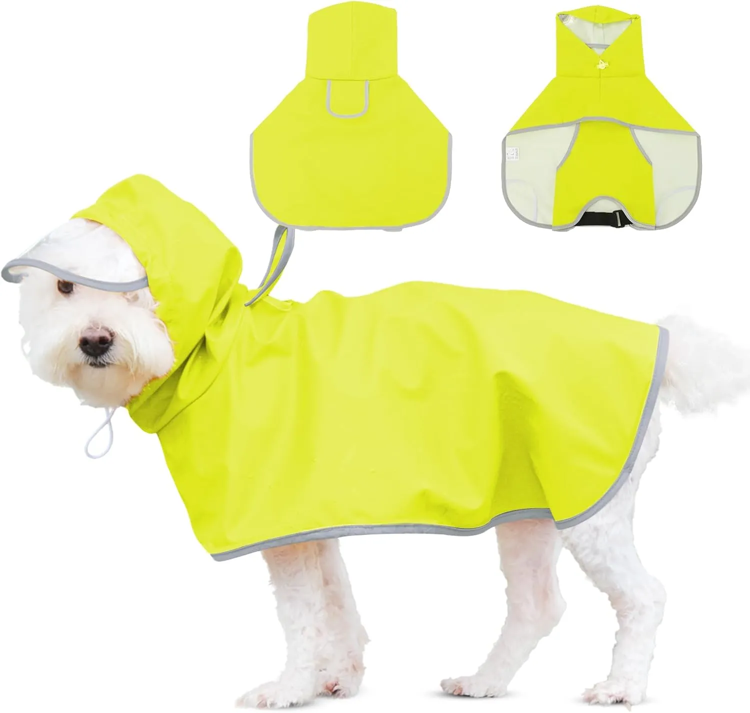 Dog Raincoat with Clear Hood, Waterproof Jacket for Small Dogs, Adjustable Belly Strap, Neon Green, S