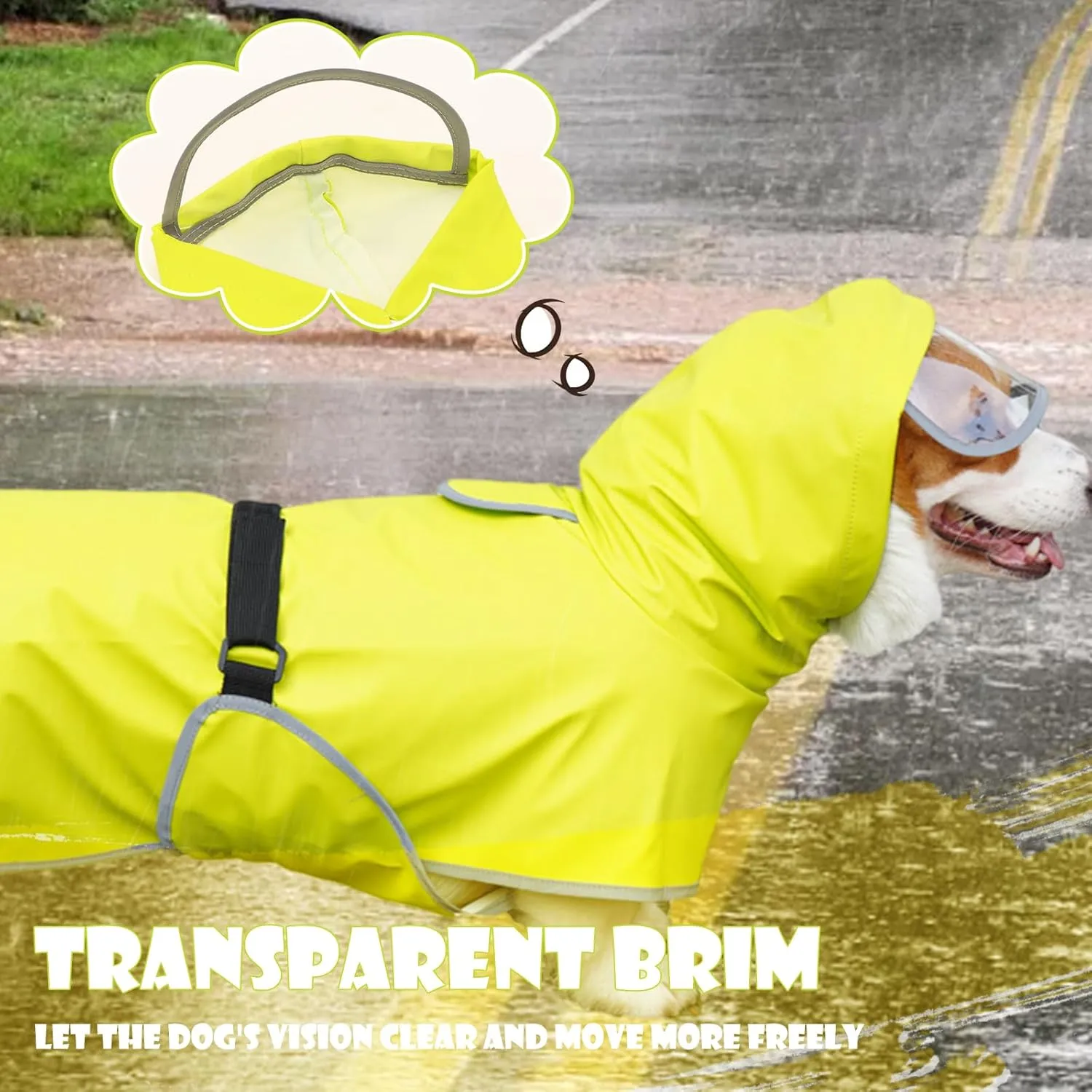 Dog Raincoat with Clear Hood, Waterproof Jacket for Small Dogs, Adjustable Belly Strap, Neon Green, S